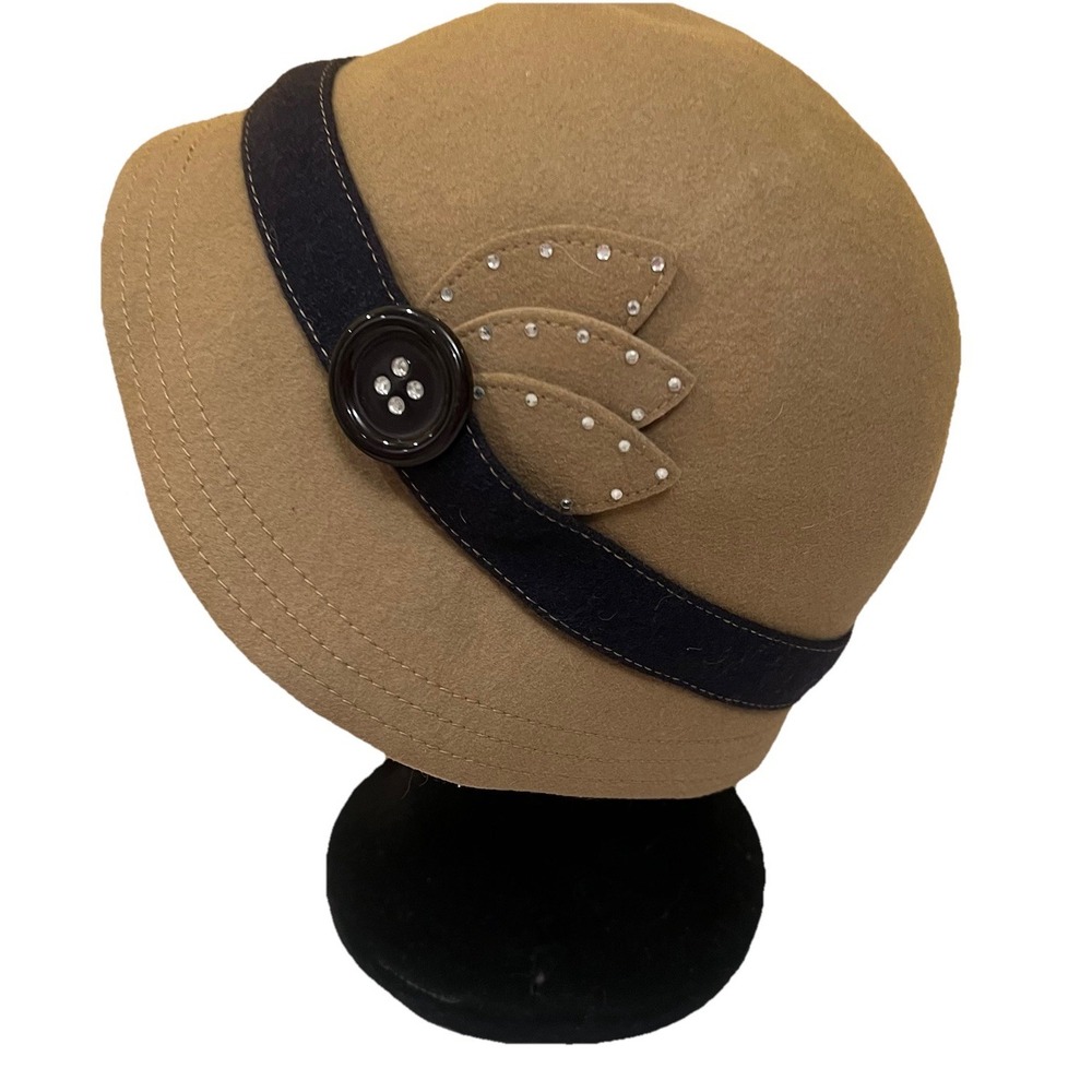 Wool Felt Cloche Hat Brown/Navy Leaf Appliqué Rhinestone Easter Flapper 20's New